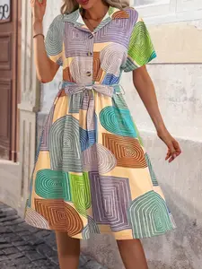 Plus Size Geometric Spiral Print Shirt Dress, Vintage Art Style, Button Front Tie Waist, Casual Commuter Midi Skirt