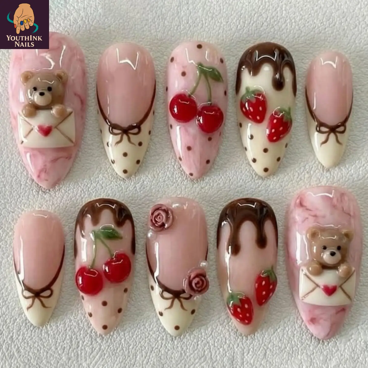 Cherry Strawberry Teddy Sweet Handmade Press On Nails – Pink Chocolate Drip Dessert Style, 3D Cute Nails, Reusable Gift Set