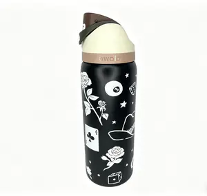 Owala FreeSip Water Bottle Western Tattoo Print 32oz Black Insulated Stainless Steel Tumbler with Lockable Lid Leak-Proof for Gym Travel Double Wall Keeps Drinks Cold All Day Drinkware Flasks