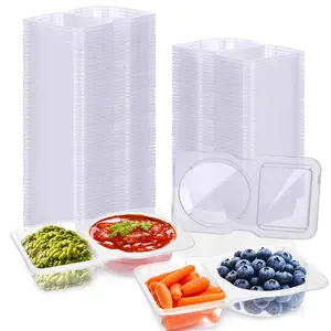 50pcs Double Compartment Condiment Container With Lids,Disposable 2 Compartment Sauce Containers Clear Plastic Snack Containers For Travel