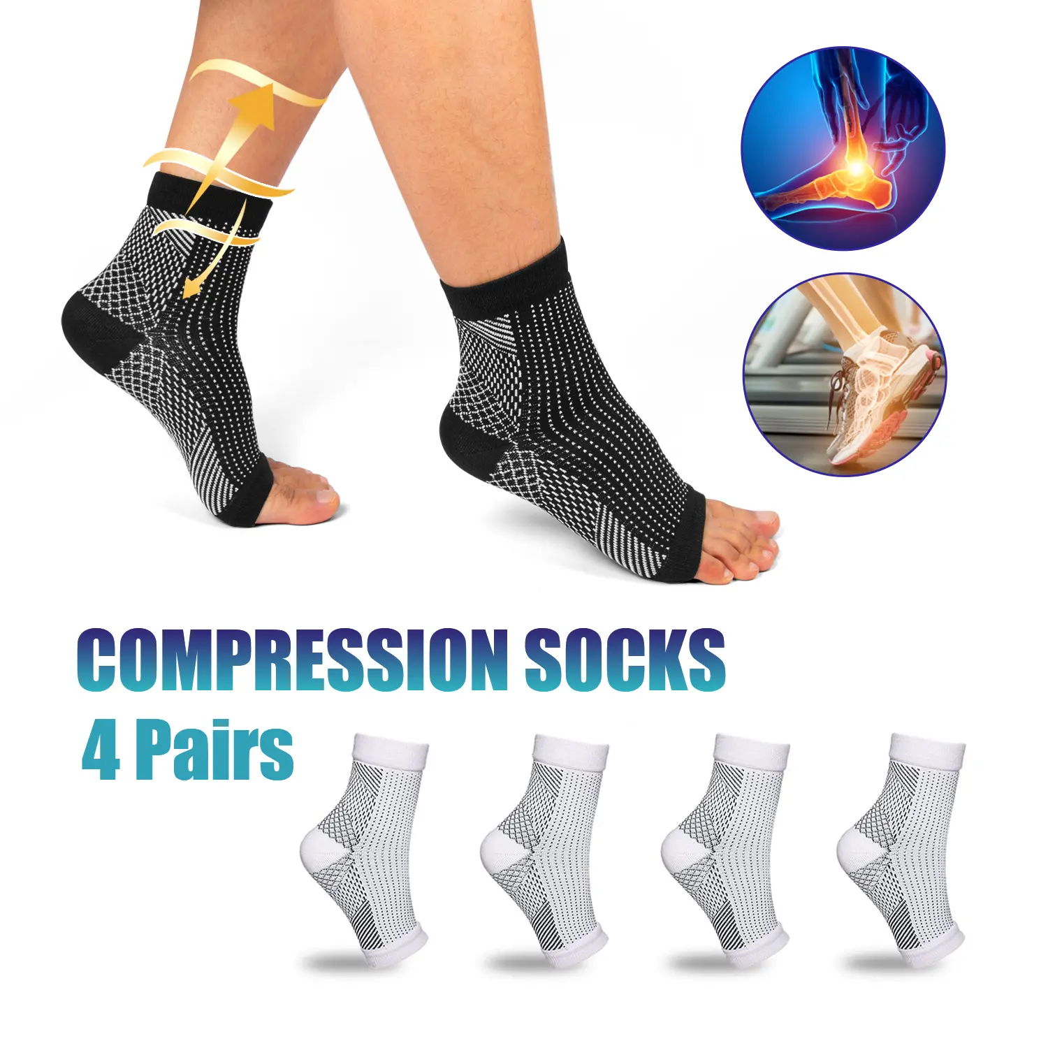 4 Pairs Neuropathy Socks Foot Compression Sleeve For Pain Anti Fatigue 20-30mmHg Support Brace Open Toe Unisex Black White summerwins