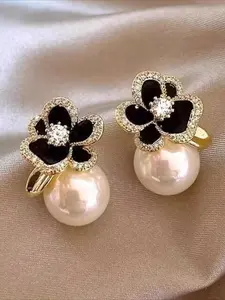 French Vintage Tea Flower Pearl Embellished Earrings with Rhinestones and Faux Pearls, Elegant Women's Daily Wear Versatile Dangle Earrings, High Quality Earrings