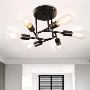 6-Light Semi Flush Mount Ceiling Light, Matte Black Sputnik Ceiling Light Fixture, Modern Farmhouse E26 Chandelier for Kitchen, Dining Room, Living Room, Bedroom