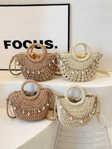 Half-Circular Shell Chain Straw Shoulder Bag, Beach Vacation Handbag, Fashion Single Strap Bag, Boho Style Paper Material, Crescent Bag