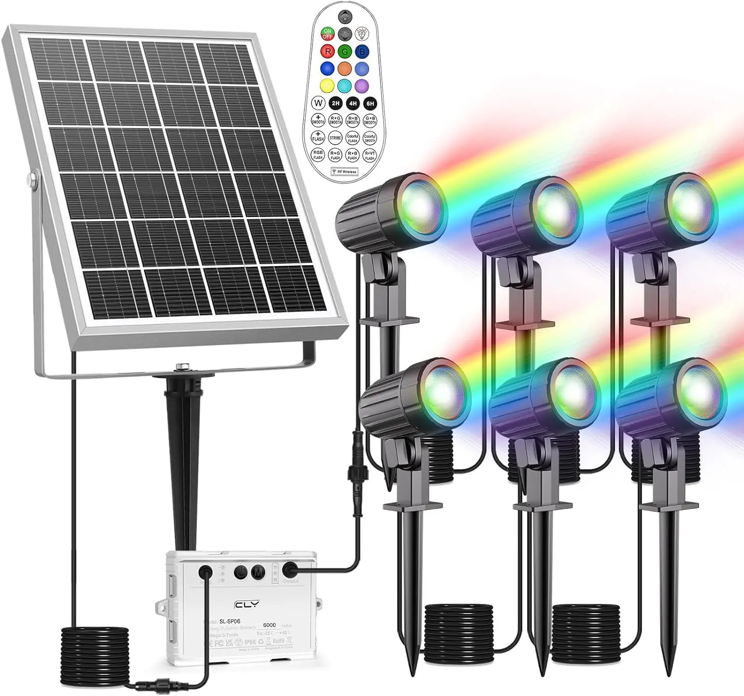 Solar 6 in 1 RGB Spotlights Outdoor Garden, 10 Colors 12 Modes Solar Garden Floodlight Landscape Spotlights IP66 Waterproof 59.06ft Cable Spike Light for Lawn, Patio, Balcony