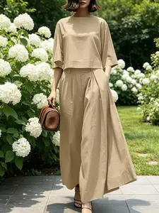 2026 Women's 2 Piece Lounge Set 3/4 Sleeve Top Wide Leg Pants Casual Matching Outfit Summer Travel Memorial Day