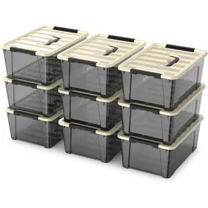 9-pack clear small plastic storage bins with khaki safety  and black latch locks, durable stackable nestable organization containers, 6 quarts