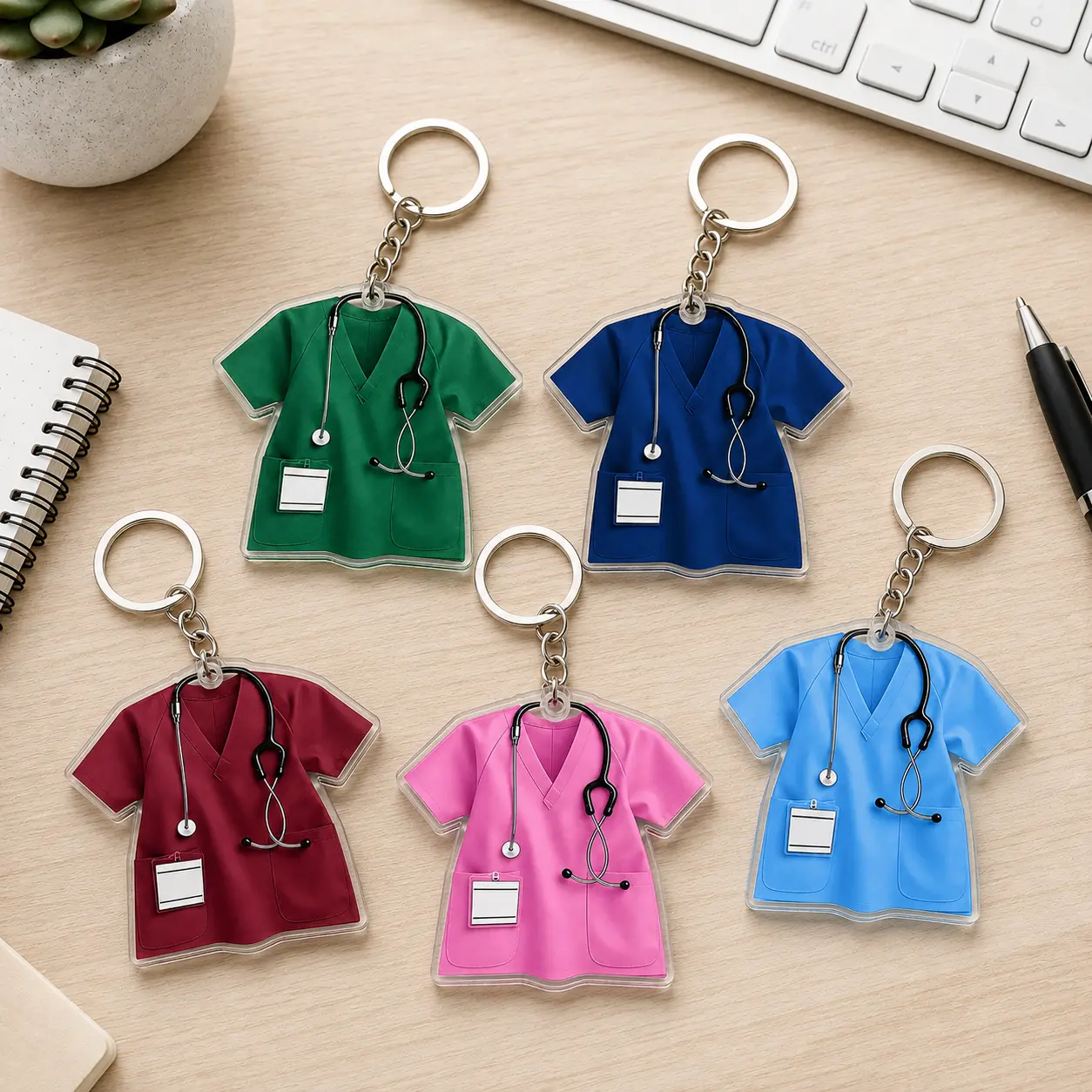 Medical scrub uniform keychain with stethoscope design, cute acrylic key ring accessory
