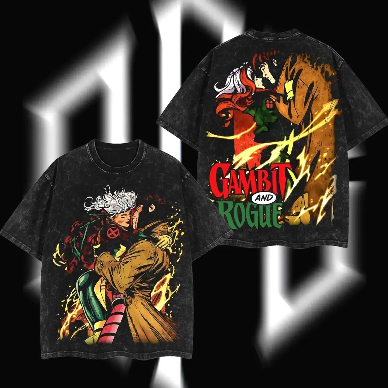 SuperStyle MCU Comics Gambit Card Master "Gambit x Rouge" Oversize Short-Sleeve Seamless T-Shirt, Classic Acid-Washed Cotton Fabric Apparel, Double-Printed Graphic Design Lightweight Streetwear Top for Men EN3