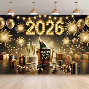 2026 Happy New Year Backdrop with Champagne Details, Glowing Lights & Abundant Presents - Great for New Year Gatherings, Home Decoration and as a New Year Gift