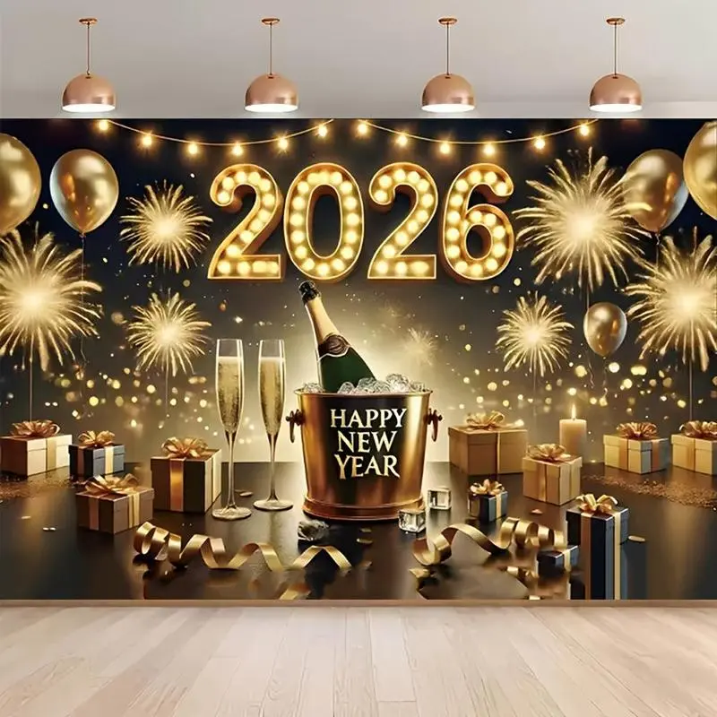 2026 Happy New Year Backdrop with Champagne Details, Glowing Lights & Abundant Presents - Great for New Year Gatherings, Home Decoration and as a New Year Gift