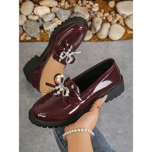 Women's Bowknot Loafers, All-Season Comfortable Low Heel Casual Shoes, PU Leather with Rubber Sole, Pearl Decoration