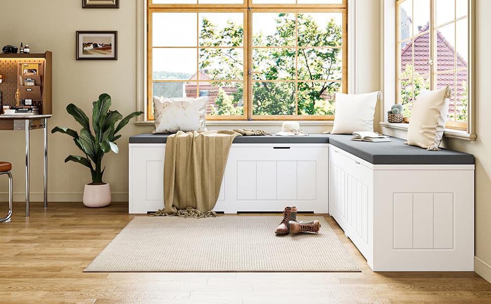 L Shaped Corner Storage Bench with Cushion, 63" Flip-Top Kitchen Banquette Nook Bench with Hidden Storage for Entryway Dining Room L Shaped Corner Storage Bench with Cushion, 63" Flip-Top Kitchen Banquette Nook Bench with Hidden Storage for Entryway Dining Room