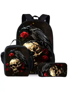 Crow Skull Red Rose Printed Backpack 3-Piece Set Lunch Bag Pen Bag Shoulder Bag