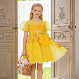 6033 Orange puff sleeve dress for girls sequined princess dress elegant dress for birthday party piano concert wedding