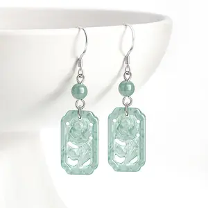 Sliver Natural Jade Earrings Rose Design Personalized Women's Style Christmas Gifts Sterling Silver