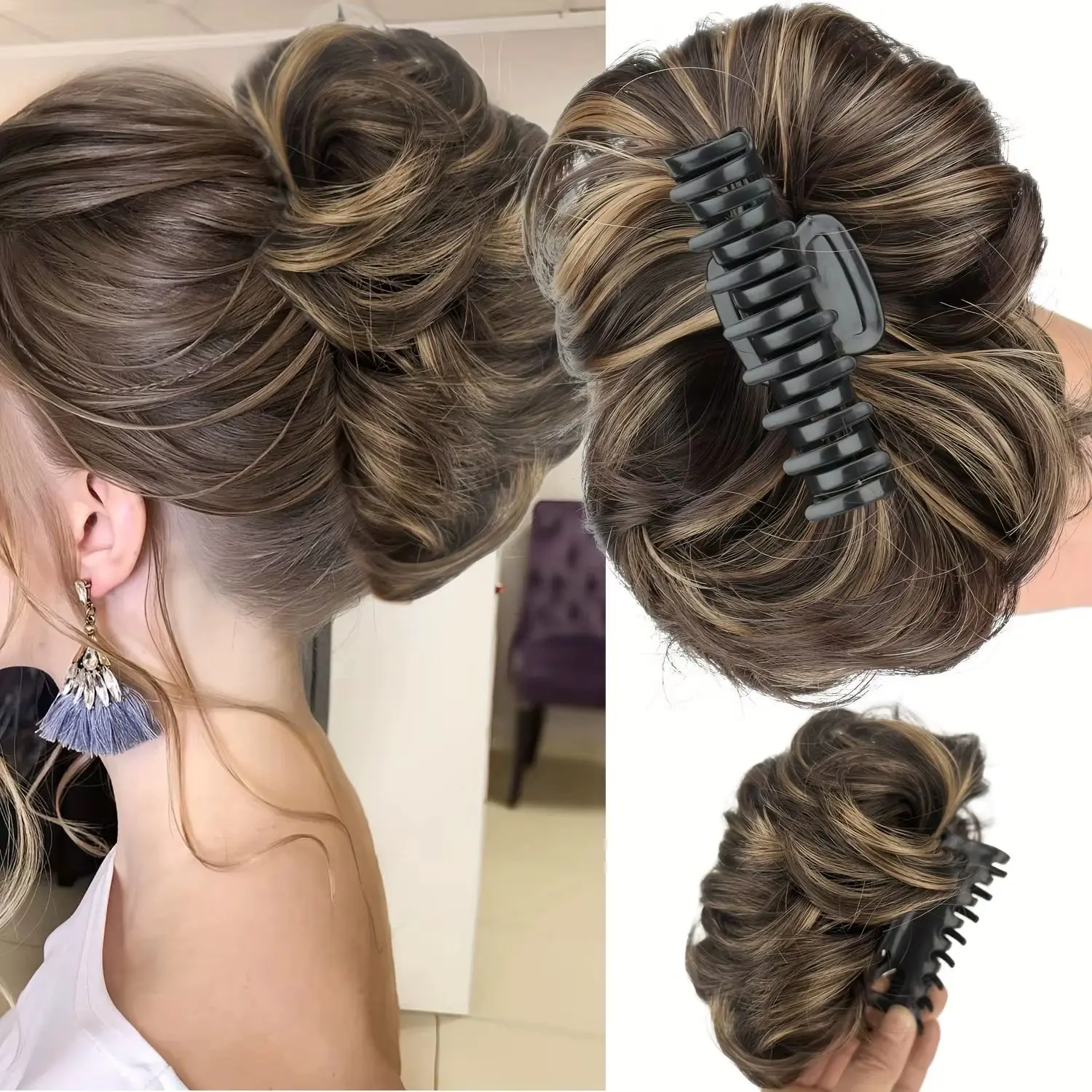 Popular fluffy claw-clip hair tie for messy bun synthetic hairpiece