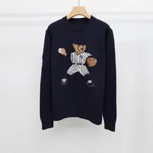 Autumn Winter Men and Women Knitted Sweater Bear Embroidery Baseball Round Neck Pullover Vintage