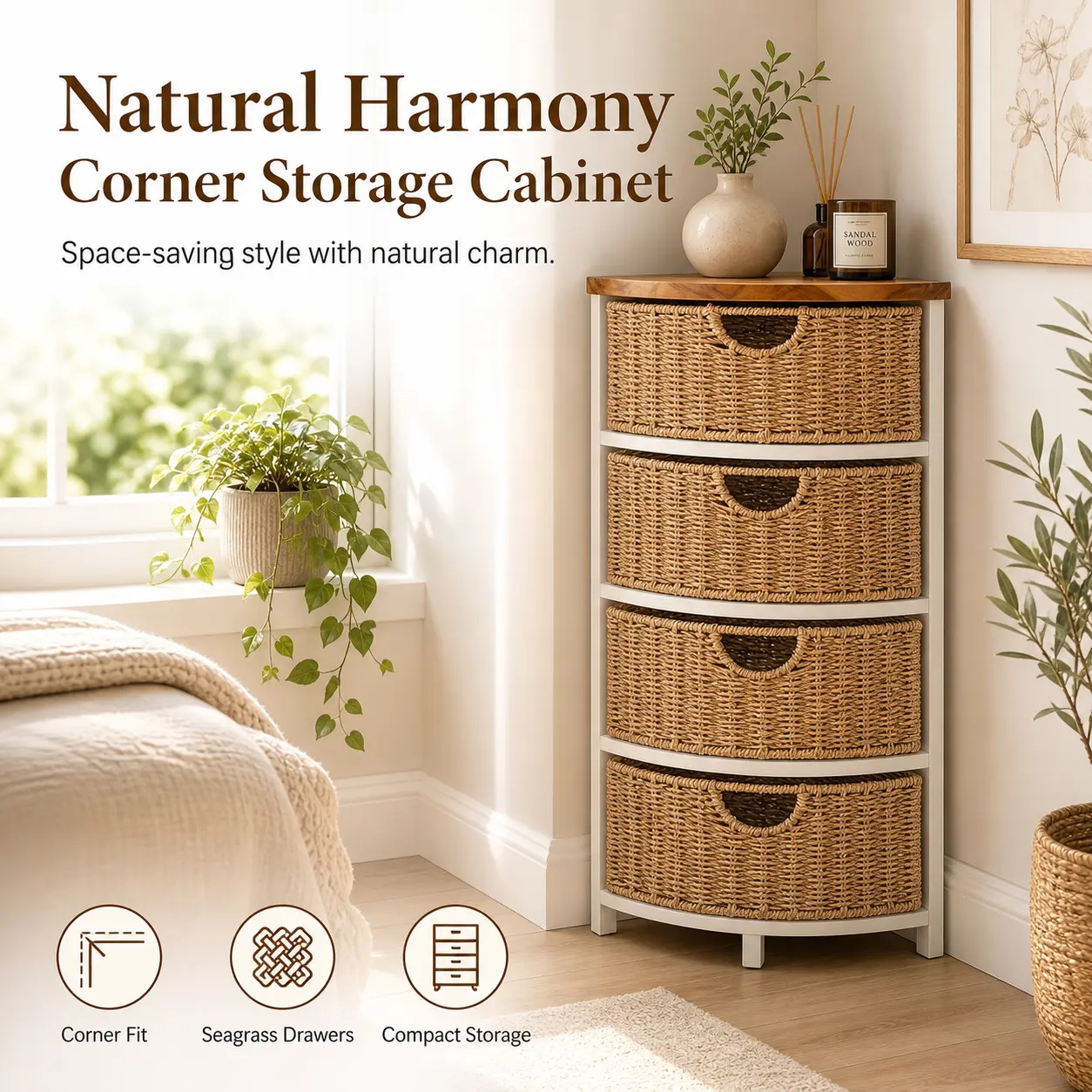 Natural Corner Storage Cabinet with Seagrass Drawers – Space Saving Wood Accent Cabinet for Bathroom, Bedroom & Living Room