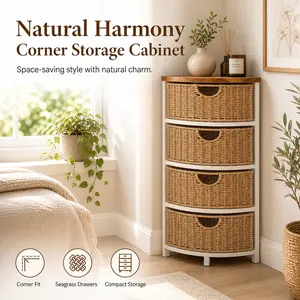 Natural Corner Storage Cabinet with Seagrass Drawers – Space Saving Wood Accent Cabinet for Bathroom, Bedroom & Living Room