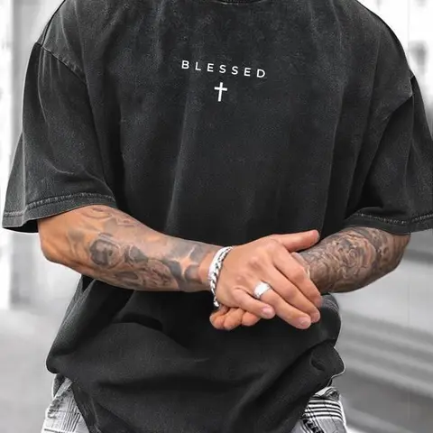 Men's Lightweight Casual Short Sleeve Menswear Top - Round Neck with Stylish Cross & Letter Print, Street Style Sports Top for Summer Day Daily Wear