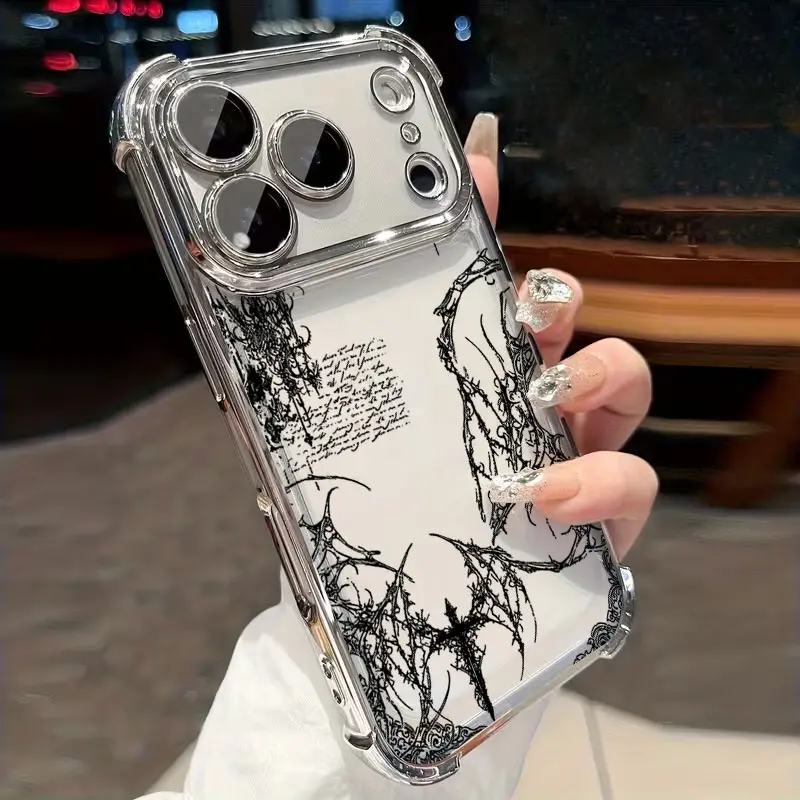 Dark Thorn Cross Script Art iPhone Case, Gothic Line Art Clear Shockproof Phone Case for iPhone 17 Air 16 Pro Max 15 14 Plus 13 12 11 Plus XR XS Samsung Galaxy S26 Ultra S25 Ultra S24 S23 S22, Drop Resistant Durable Protective Cover