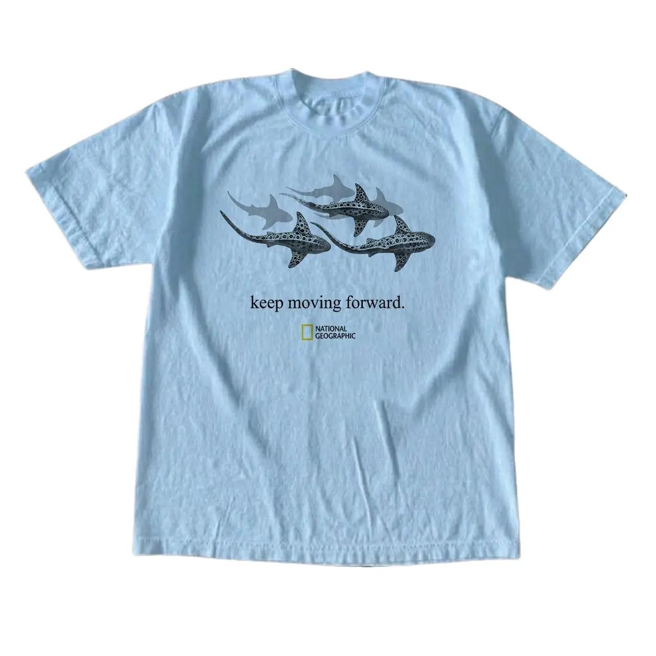 National Geographic blue shark graphic tee with three sharks and the words ‘keep moving forward’, Unisex Vintage Graphic Tees Gothic Grunge Y2k Emo Scene Amity Affliction Style Clothes