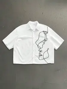 Unisex White One Line Face Art Print Short Sleeve Button Up Shirt | Oversized Minimalist Casual Top for Daily Wear & Streetwear