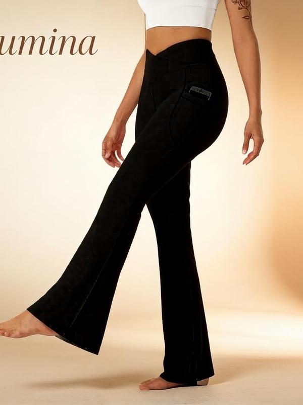 Women's 3-Pack High Waisted Crossover Flare Leggings - Buttery Soft, Tummy Control, Quick Dry, Breathable Polyamide Mix, Pockets, Machine Washable Athletic Sportswear for Yoga Workout, Fitness Yoga Pants