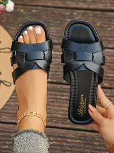 Women's Casual Fashion Flat Sandals, Open Toe Hollow Out Design, Irregular Fine Grid Pattern, Indoor Outdoor Anti-Slip Comfortable Shoes