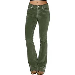 Flamingals Corduroy Button Side Mid Rise Flare Pants Womenswear 31.9" Inseam Stretchy