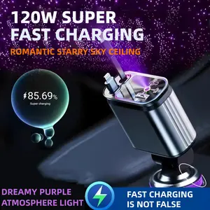 ZL07 Retractable Starry Sky Car Charger 120W Super Fast Charging 4-in-1 USB Type-C & Lightning Cables Retractable for Smartphones
