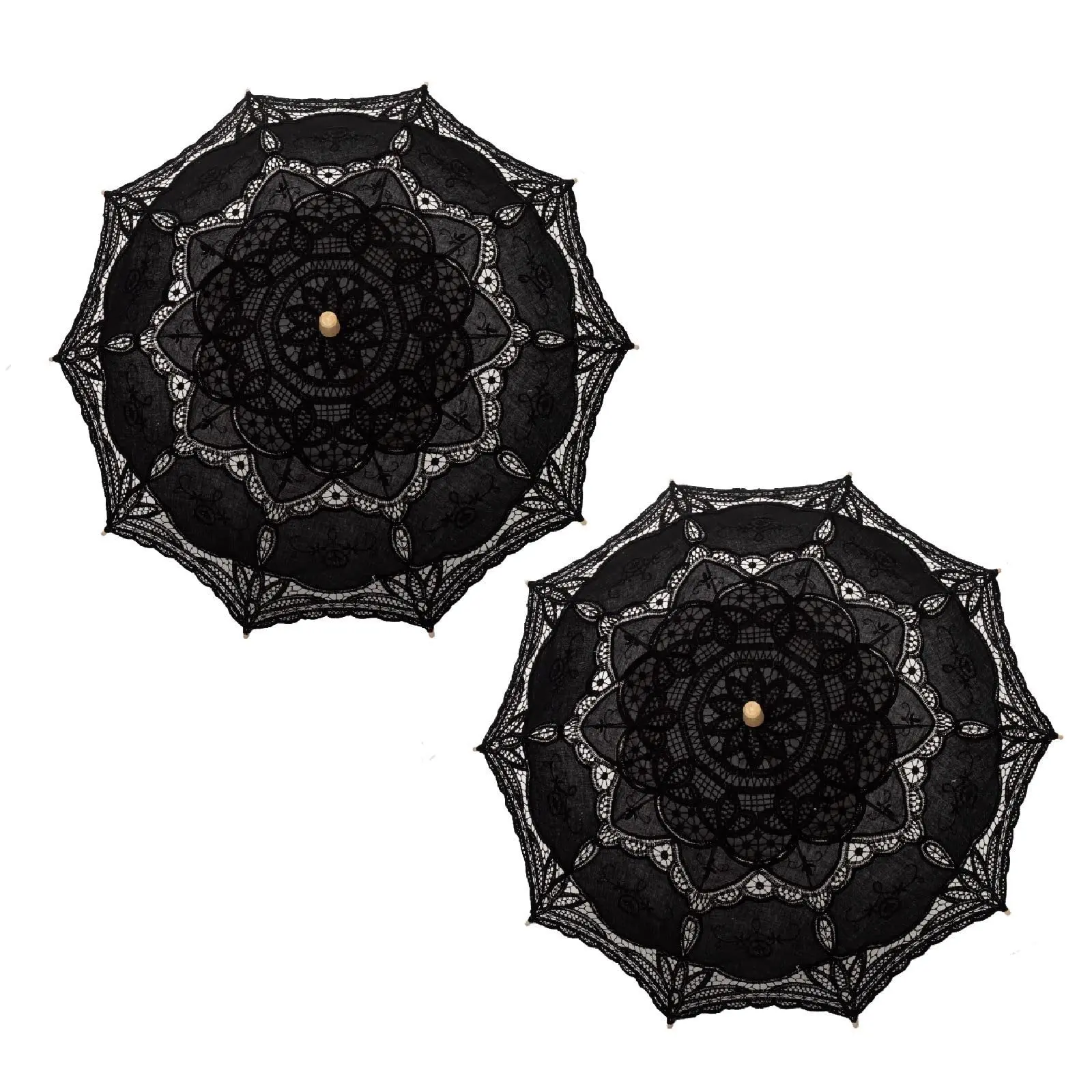 THY COLLECTIBLES 2-Pack 26in x 31in Cotton Lace Umbrella Set - Handmade Embroidery, Wooden Handle, Metal Ribs, Lightweight Frame, Vintage Look Sunshade for Wedding Decoration, Garden Use, Halloween, Photoshoot