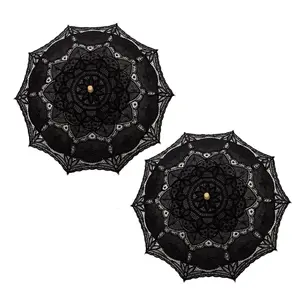THY COLLECTIBLES Pack of 2 Cotton Lace Parasols Umbrellas with Wooden Handle Vintage Lolita Coquette Look for Wedding Bridal Umbrella Decoration for Photoshoot, Costume Theme Party, Halloween Lightweight Metal