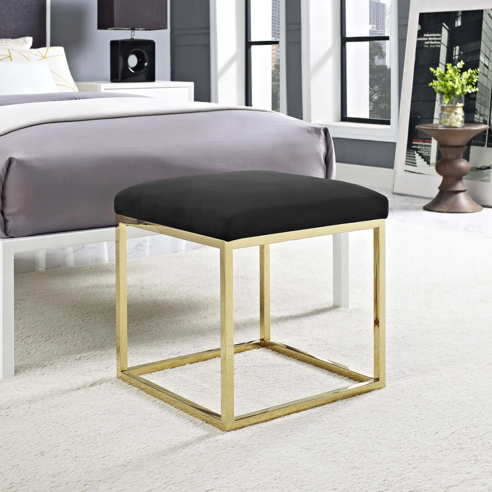 Modway Anticipate Ottoman - Gold Black Modern Aesthetic Stainless Steel Indoor Furniture Stool, Supports 265 lbs, Ideal for Bedroom, Living Room