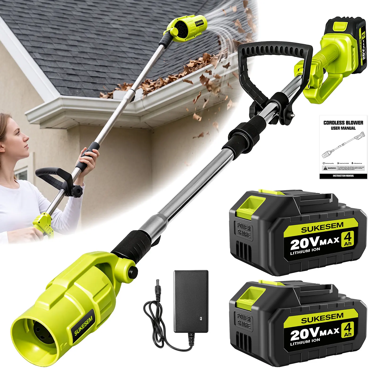 SUKESEM 20V wireless high-power high-speed leaf blower, foldable handheld portable blower, equipped with 4.0Ah battery and charger, suitable for snow removal, yard dust removal, and leaf cleaning