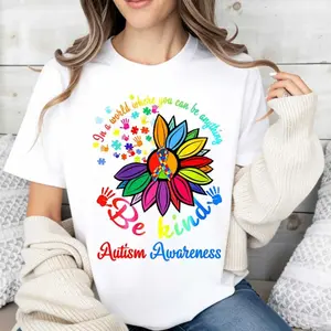 Autism Awareness Flower With Rainbow Puzzle Pieces And Be Kind Text Print T Shirt Crew Neck Casual Wear For Autism Support And Awareness