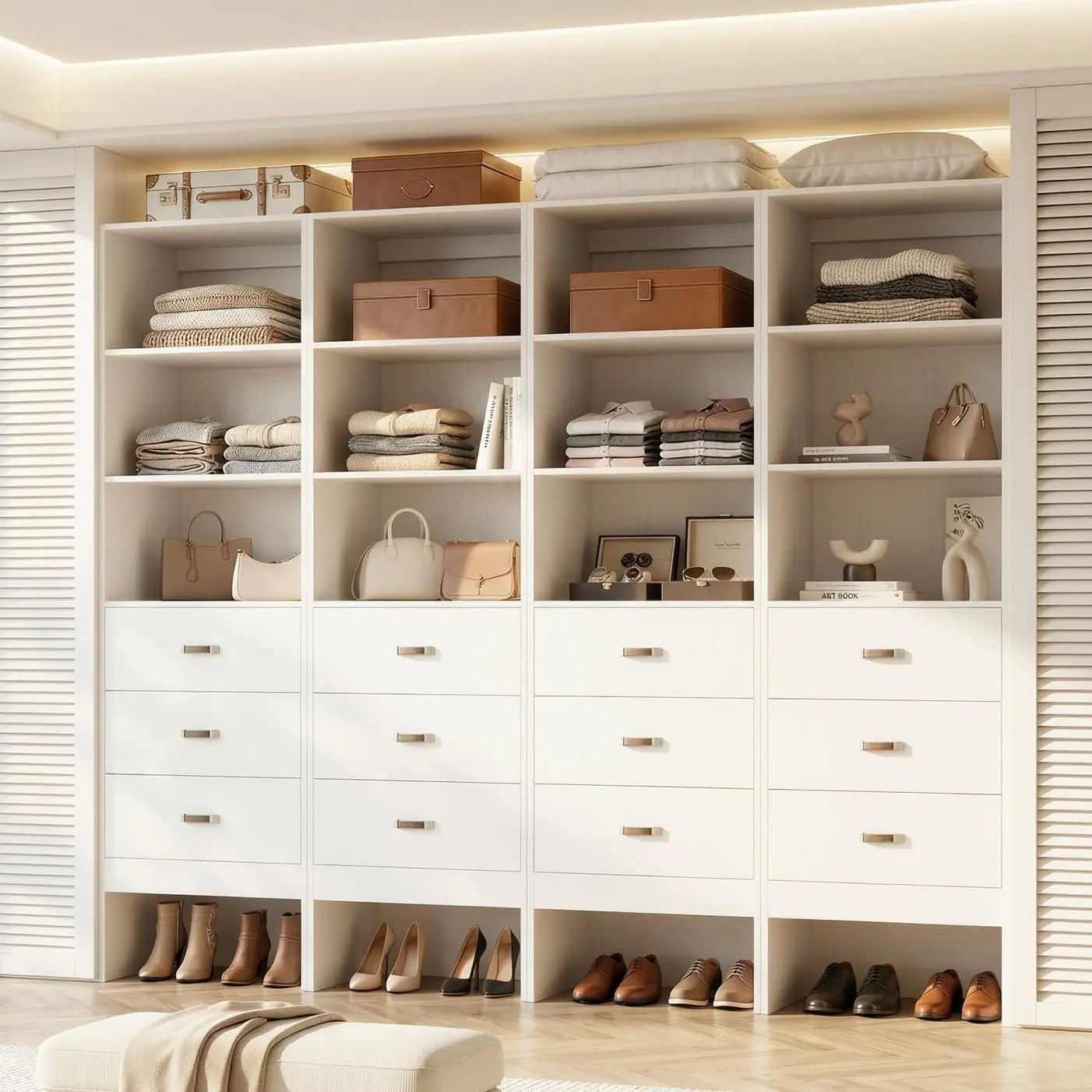 8FT Closet System with Leather Handles, 96" Walk-in Closet Storage Unit with Cabinet, Wood Wardrobe Closet Organizer and Storage with 12 Drawers, Set of 4