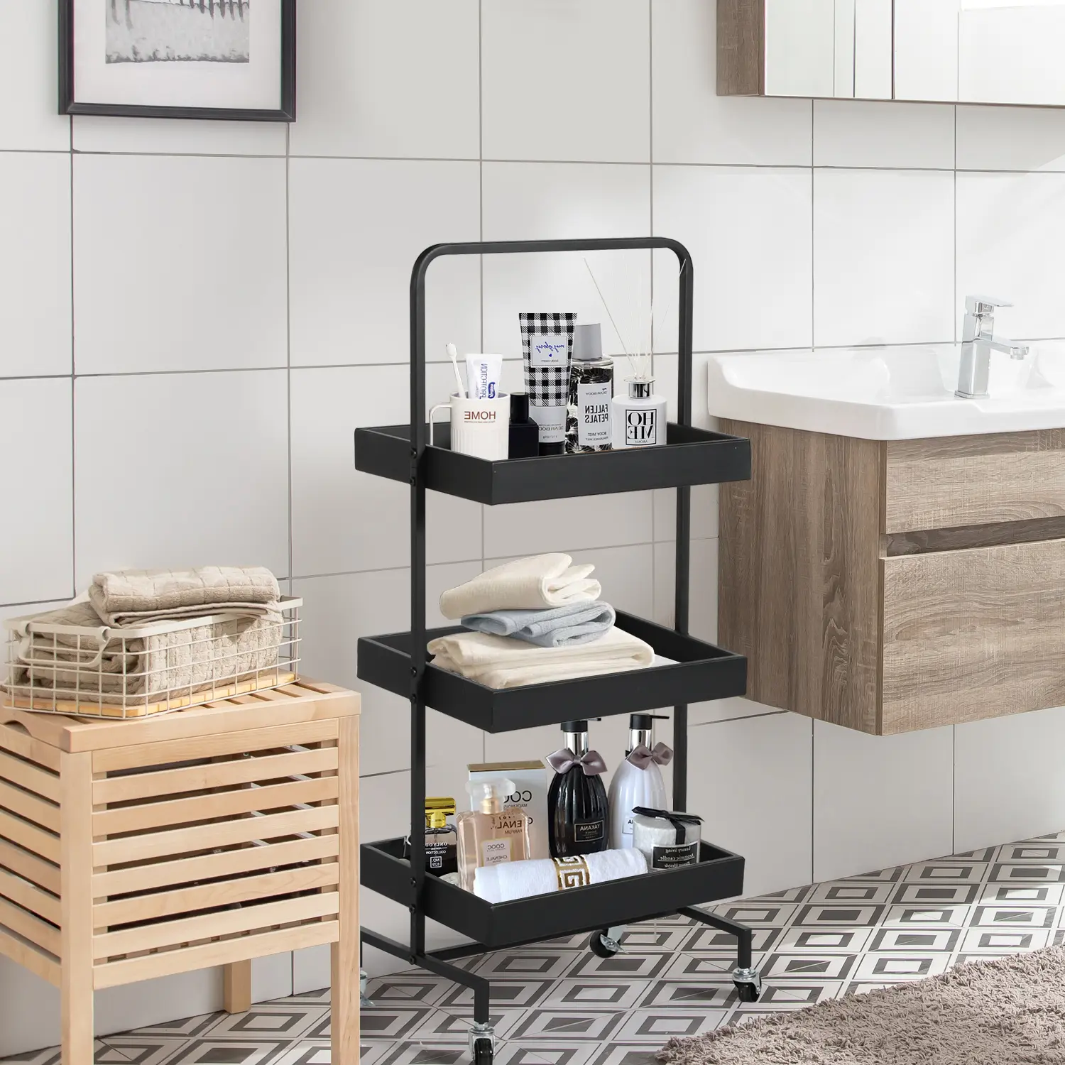 VECELO 3-Tier Metal Rolling Utility Cart, Storage Trolley Cart with Mesh Baskets and Lockable Wheels for Bathroom Kitchen Office