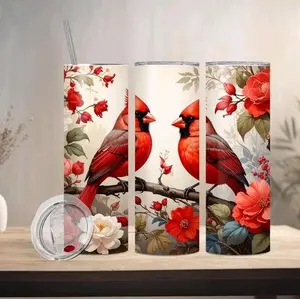 Red Floral Cardinal Tumbler with Elegant Floral Design and Cardinal Bird Art for Everyday Use