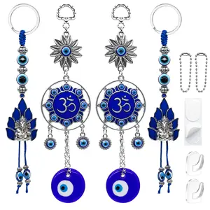 OM Evil Eye Wall Hanging & Hindu God Lord Ganesha Evil Eye Keychains Set - Evil Eye Charm Car Decor Turkish Nazar Amulet Boncugu Car Rearview Mirror Home Window Door Entryway Shrine Spiritual Ornament