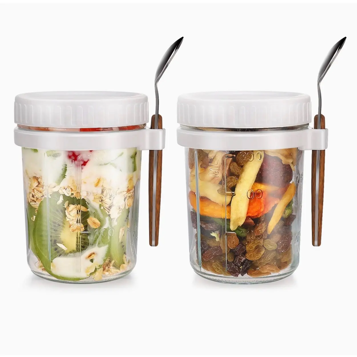 Overnight Oats Jars, Overnight Oats Container with Lid and Spoon, 16 oz Cereal, Milk, Vegetable and fruit Salad Storage Container with Measurement Marks