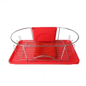 MegaChef 17-in Plastic Red and Silver Dish Rack Organiser with Detachable Utensil Holder, 6 Attachable Plate Positioners, Spacious Draining Boards