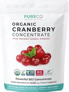 Organic Cranberry Concentrate (50:1) Powder - 500mg is Equivalent to 25,000mg of Fresh Cranberries - For Kidney Cleanse & UTI Support Vitamins - Women - Supplement - 100 Servings - No Pills Healthcare Dietary Edible Optimum