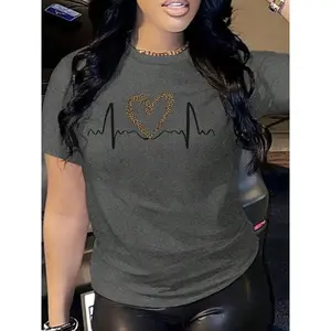 Women’s round-neck T-shirt with heart shape and heartbeat print, summer casual short-sleeved T-shirt, women’s everyday wear, summer top GARMENTARY