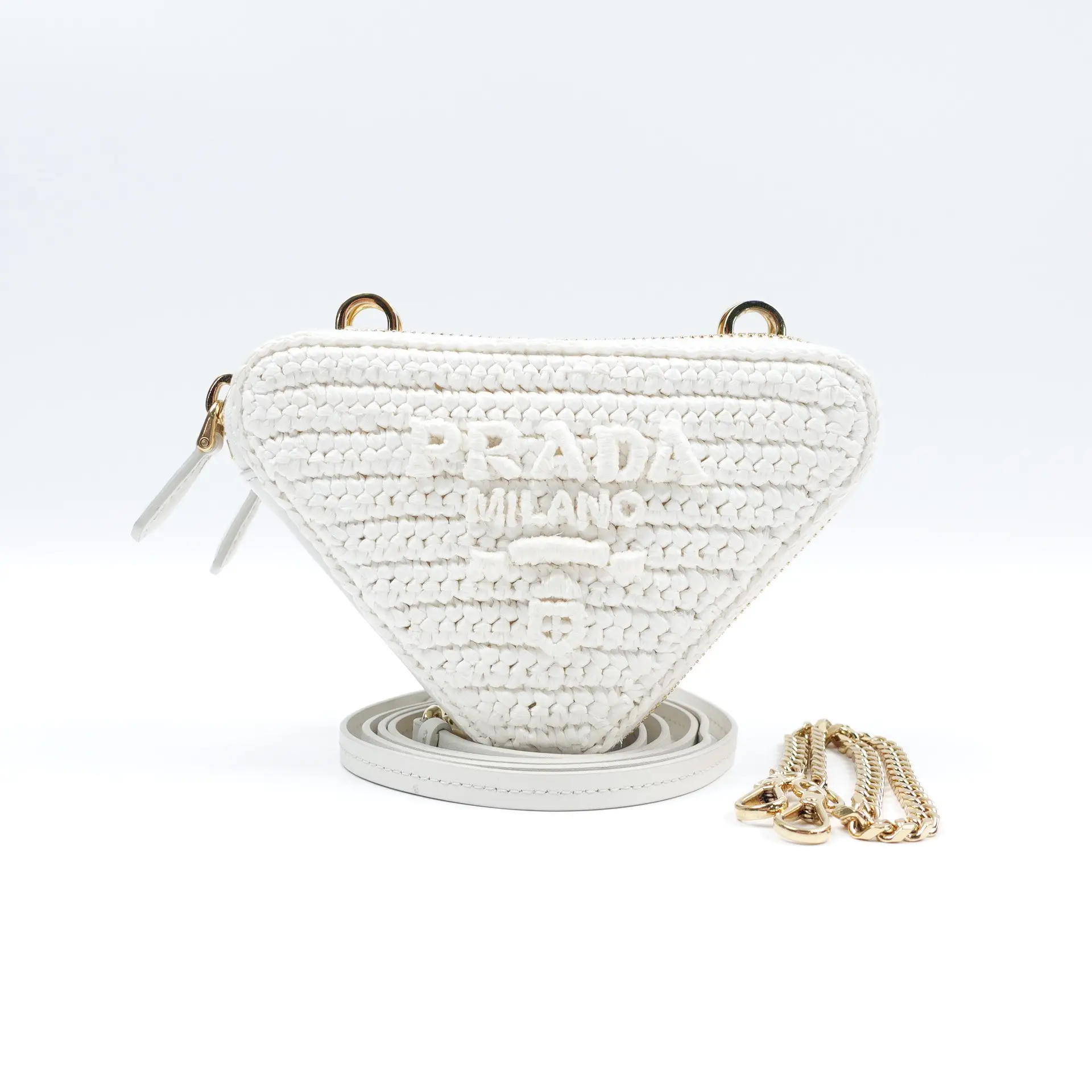 Pre-owned PRADA Raffia Grass Crossbody Bags Triangle White Raffia Grass/Calfskin Crossbody Bag T10382225