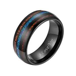 OIDEA I Love You Tungsten Ring with Wood and Opal, Men's Engraved Wedding Band Anniversary Ring