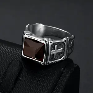 Vintage Gothic Cross Pattern Dark Red Artificial Zircon Stainless Steel Men's Ring - Halloween, Easter Gift Jewelry for Men, Vintage Rings Jewelry, Artificial Zircon Rings