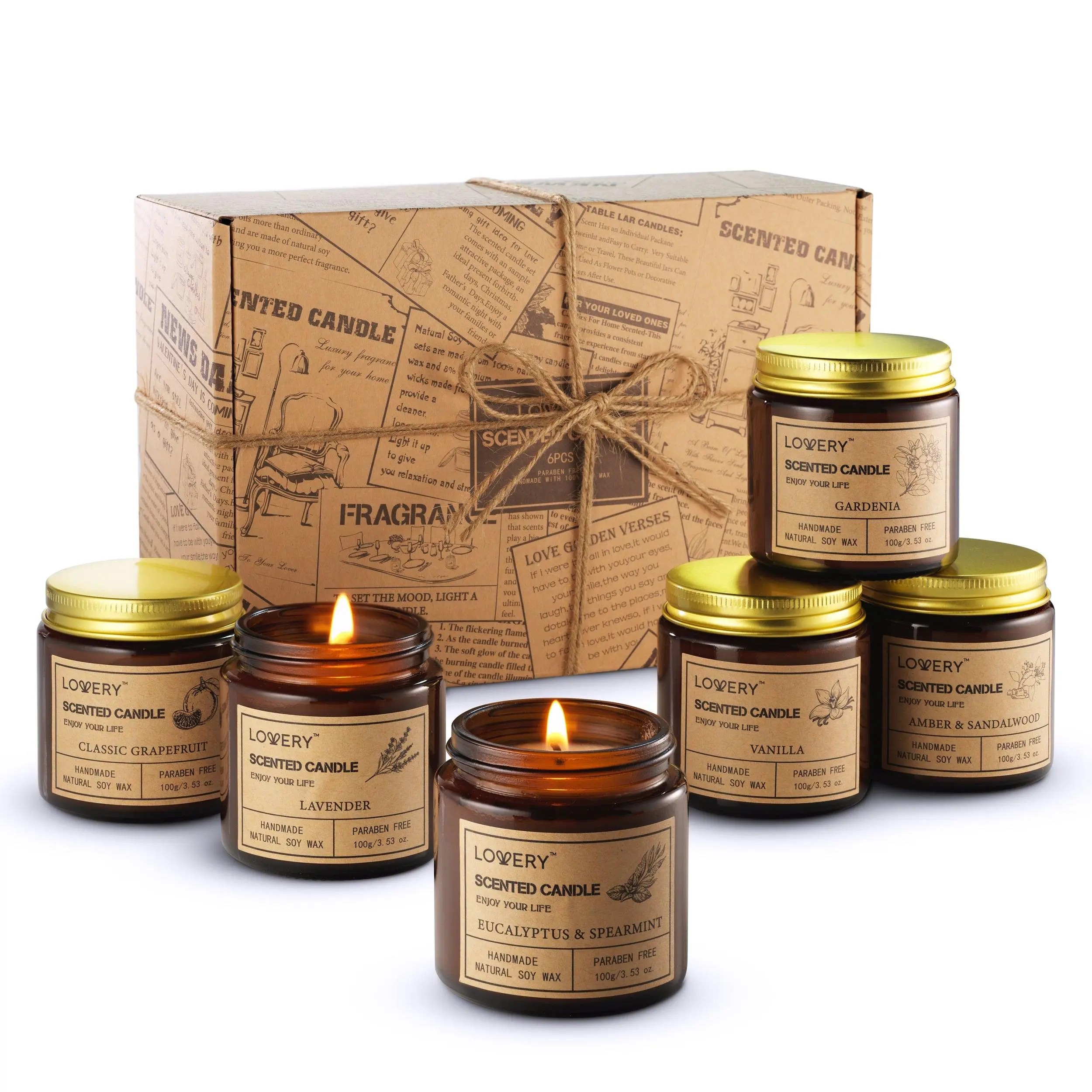 LOVERY 6-Piece Amber Jar Scented Soy Candle Set – Long-Lasting Aromatherapy Gift