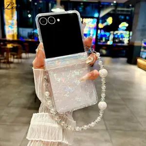 Luxury Shell Pattern Beads Bracelet Case for Samsung Galaxy Z Flip 7 6 5 flip 3 4 zflip7 Hand Wrist Chain Acrylic Hard Cover